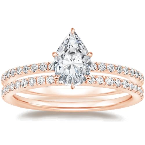 Moissanite Bridal Ring Set, 14K Rose Gold, 2 CT Pear Cut Stones, Wedding Band Gift