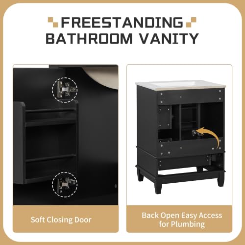 Image of Bellemave 24 inch Bathroom Vanity with Ceramic Sink & 3 Drawers, Bathroom Cabinet with Storage Shelves & Solid Wood Base, Freestanding Vanity Cabinet with Soft Closing Door with Organizer (Black /24)