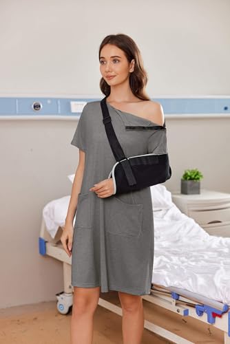 Image of Deyeek Women's Post Shoulder Surgery Hospital Gowns Tear Away Short Sleeve Full Open Side Snap Adaptive Clothing Nightgowns