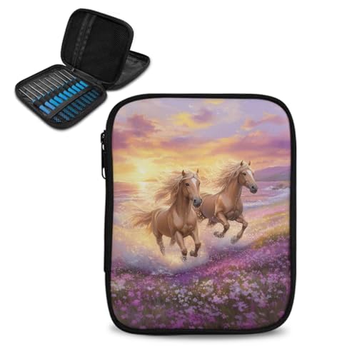 Qehuruxo Horse Crochet Hook Organizer Double Layer Design with Zipper Closure and Mesh Pockets, Polyester Material for Easy Storage and Portability