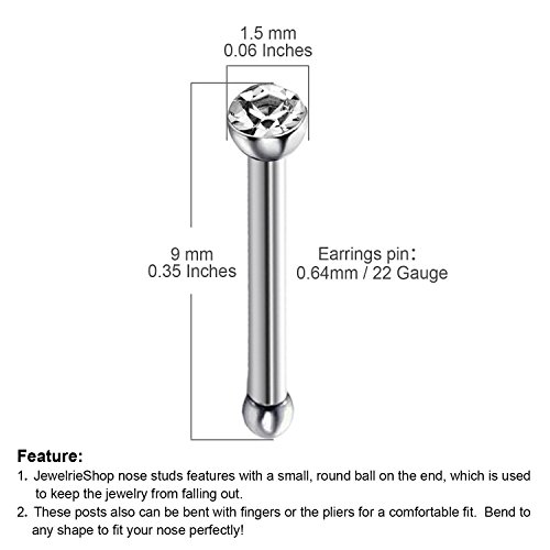 JEWELRIESHOP 40pcs Nose Studs Stainless Steel CZ Nose Rings Pins Piercing Jewelry Bone Studs for Women Men Hypoallergenic 22G4