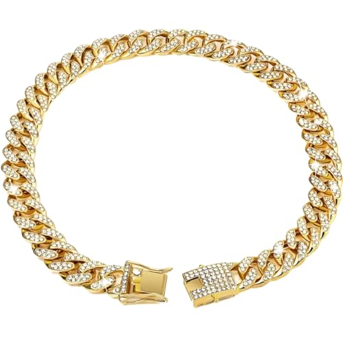 Collar para perros de diamante cubano, collar para mascotas con diamantes, collar ajustable de aleación con candado, para perros pequeños, medianos y grandes, gatos, oro, 65 cm