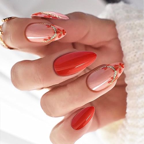 Fall Press on Nails Medium Almond SWEKKE French Fake Nails Red Full Cover Flower Glitter Glossy False Nails with Designs Stick on Artificial Acrylic Nails for Women Girls 24 Pcs