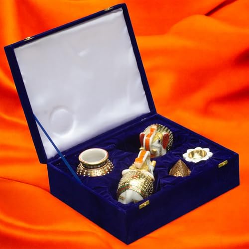 Premium Auspicious Marble Gift Box Set for Diwali, Weddings, Grihpravesh | Handcrafted Marble 2 Pcs Big Size 5" Elephants, Mangal Kalash, Shreephal, Diya (12x15 inch) — photo — 2 of 9