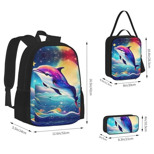Colorful Starry Sky Ocean Dolphin 3-Piece Set Backpack, Lunch Bag, And Pencil Case, Casual Cute Sets For Travel And College4