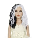 DUDUWIG Kids Black White Wig Short Wavy Curly Bob Wig Half Black and White Wigs for Halloween Cospla