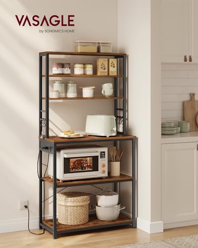 Image of VASAGLE Bakers Rack with Power Outlet, 31.5 Inches Coffee Bar for Kitchen with Storage, 6-Tier Kitchen Shelves with 6 Hooks, Microwave Stand, Industrial, Rustic Brown and Ink Black UKKS119K01