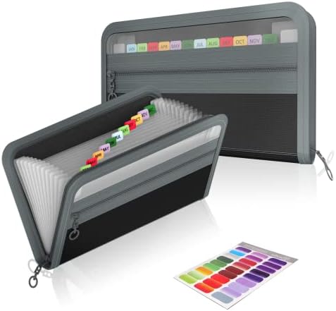 Coupon Receipet Organizer Holder, 13 Pockets Small Accordian File Organizer,Junior Size 10.8x6.8 Inches, Zipper Closure,Monthly Budget Planner Organizer (Grey)