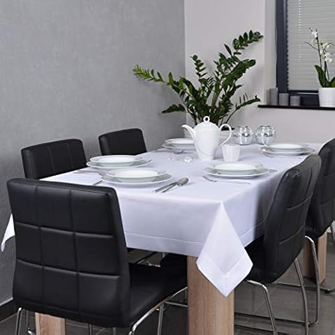 DECOOR Glatte, Matte, schmutzabweisende Tischdecke, 260 x 140 cm, Weiß, veredelt mit Einer dekorativen 5 cm Breiten Lamelle, aus dickem Gewebe 220 g/m², 100% Polyester Cover