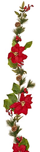 Worth Imports Red Poinsettia Garland with Weatherproof Berry Pine Cone, 5'