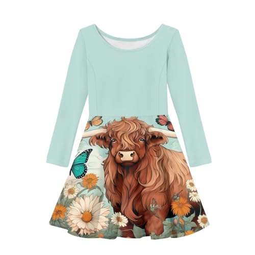 HELLHERO Highland Cow Dresses for Girls Size 9-10 Kids Playwear Dresses Long Sleeve Tunic Shirt Dress Swing Party Dresses A-Line Twirly Skater Dress
