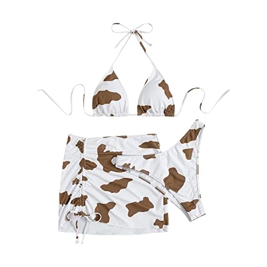 WDIRARA Women's 3 Piece Cow Print Halter Triangle Bikini Swimsuit with Beach Skirt White Brown M