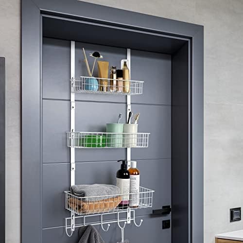 UOMIO Over The Door Hooks Hanger Storage Shelf Heavy Duty Steel Coat Rack Basket Holder White Metal Over Door Racks Towel Hooks with 5 Hooks & 3 Tier Baskets for Bathroom, Bedroom, Office