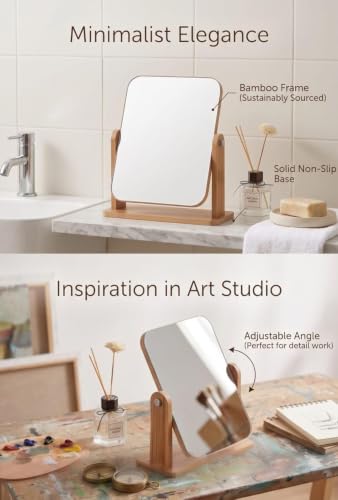 Image of Natural Wooden Tabletop Makeup Vanity Mirror with Broad Stable Base