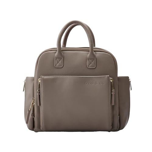 Ayla & Co Mini Bag, Transitional Minimal Diaper Bag, Vegan Leather, with Expandable Pockets, Built-In Wallet, Organizer, Magnetic Front Pocket, Adjustable Straps, Pebble