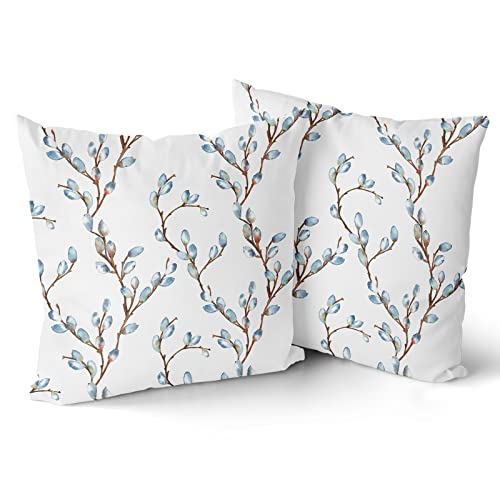 Grey Teal Leaf Pillow Covers 18X18 Inch Brown Blue Gray Watercolor Spring Leaves Floral Print Decorative Throw Pillow For Home Sofa Cotton Modern Square Cushion Pillowscase, Set Of 2 #TOP1