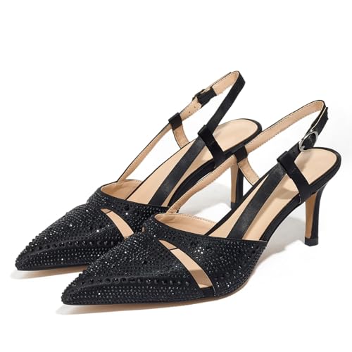 Women's Rhinestone Heeled Pumps Kitten Pointed Toe Ankle Strap Comfortable Stiletto Heels Party Dress Wedding Shoes