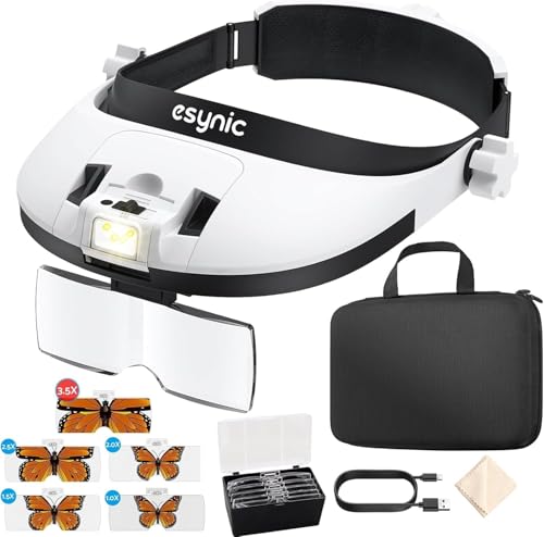 eSynic Gafas Lupa de Gran Aumento con 8 Leds Brillo Ajustable Blanco/Amarillo/Mixto, Lupa de Diadema con 5 Lentes 1x 1.5X 2X 2.5X 3.5X Batería Recargable 900mAh para Lectura, Manualidades, etc.