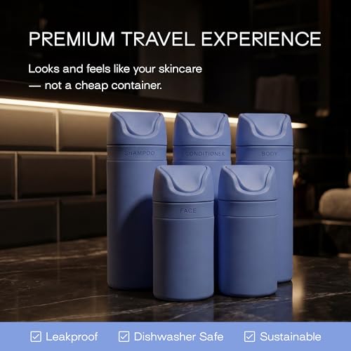 Image of RIES Essential Refillable Toiletry Travel Bottles Airless Pump Set | TSA Approved, Leak Proof Airless Pump, BPA Free Recycled Plastic, 5 Piece Blue Color Set, Dishwasher Safe