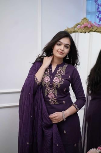 Image of Women's Cotton Embroidery work Straight kurti with Pant & mulmul dupatta set
