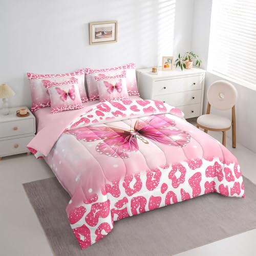 Image of Feelyou Cute Butterfly Comforter Set with Sheets 7 Piece Queen Size Leopard Print Bedding Set for Kids Boys Girls Butterflies Print Bed in a Bag Glitter Dreamy Princess Soft