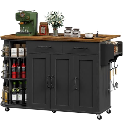 Kitchen Island with Power Outlet & Drop Leaf, Kitchen Rolling Island with Rotating Organizer, Kitchen Island Cart with Storage Cabinet, Mobile Island Table for Kitchen, Black and Rustic Brown