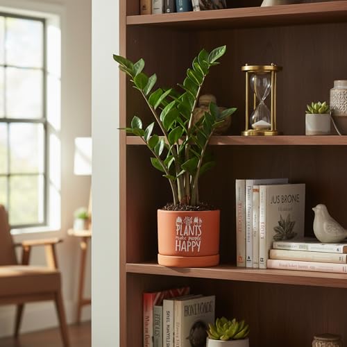 Image of Urban Plant Plants Make People Happy Terracotta Pot with Saucer (5 Inch) | Printed Clay Planter with Drainage Hole | Decorative Indoor Plant Pot for Tabletop, Desk & Home Decor