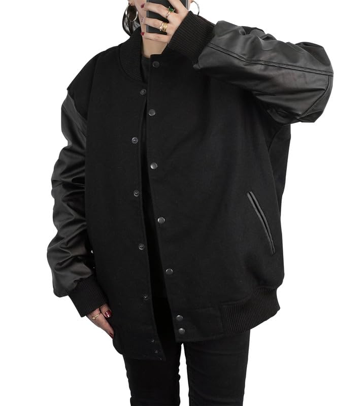 SpazeUp Women's Oversized 90s Bomber Jacket - High School Letterman Varsity Jacket - Plus Size - Black