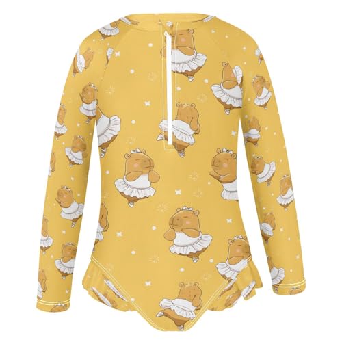 Capybara Dancing Yellow Girls Long Sleeve Swimsuits One Piece Zipper Bathing Suit UPF 50+ Rashguard Swimwear2