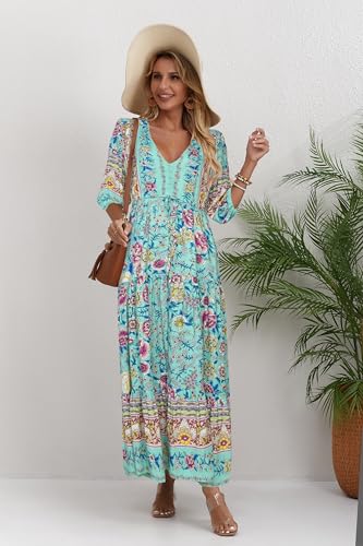 Image of Women Short Sleeve V Neck Floral Print Casual Bohemian Maxi Dresses