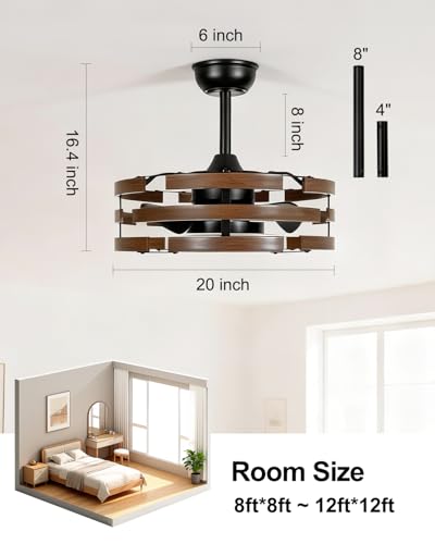 Image of Roomratv Farmhouse Fandelier Ceiling Fan with Lights, 20'' Caged Bladeless Ceiling Fan with Remote, Enclosed Small Fan Light Fixtures for Bedroom Living Room