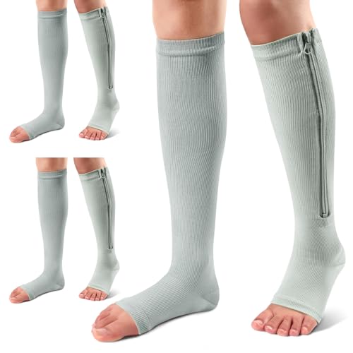 Image of Ailaka 3 Pairs Compression Socks with Zipper, 15-20 mmHg Medical Knee High Compression Socks for Men Women, Open Toe Socks for Varicose Veins, Edema, Recovery(Grey, XXL)