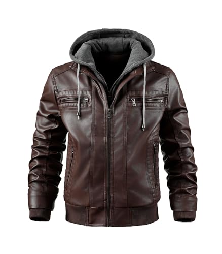 Image of FTIMILD Men's Leather Jacket Motorcycle Jacket Windproof PU Vintage Bomber Jacket with Removable Hood