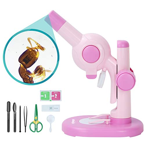 Aomekie microscoop voor kinderen experimenteerdoos met LED-lampje en vele accessoires DIY speelgoed bouwsteen Roze