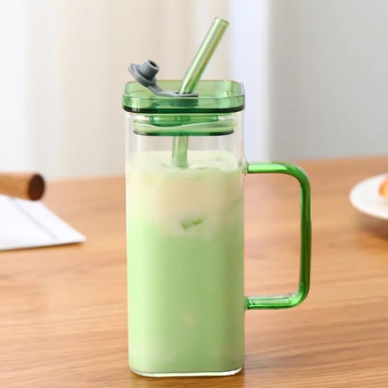KiKiluxxa Coffee Can Glass Sipper Tumbler with Lid Straw - 400ml-Pack of 1- Green Tea Fruit Juice Milk Glass Cup Mug with Lid and Straw (Suzpx 1)