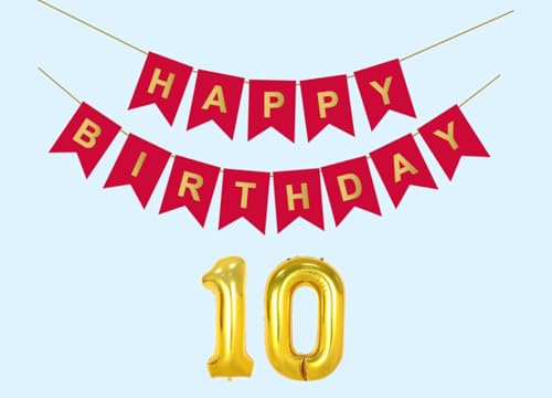 Image of 10th Happy Birthday Decoration Kit Red for 10 year Old Boys Girls Kids with Number Ten Party Decorations Decor Celebration Items Item Set Combo Reusable Paper Banner