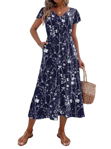 Image of Zeagoo Women's Summer Casual Dress Flutter Short Sleeve V Neck Button Down Tiered Flowy Long Dress with Pockets