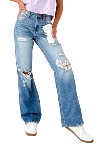 SELINK Casual Myosotis Distressed Jeans for Women Mid Rise Sneak Peek Loose Straight Leg Solid Shift Daily Jeans 8