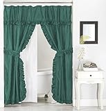 Castle Selection Double Swag Ruffled Fabric Shower Curtain Set, Intersected Leaves Pattern, PEVA Liner and Roller Rings (Teal Green)
