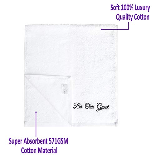 'Be Our Guest' Embroidered White Hand Towels For Bathroom With Gift Box - Set Of 2 - Extra Absorbent 100% Cotton Hand Towel Set - 571Gsm - 14 X 30 Inches - Be Our Guest Decor #TOP6