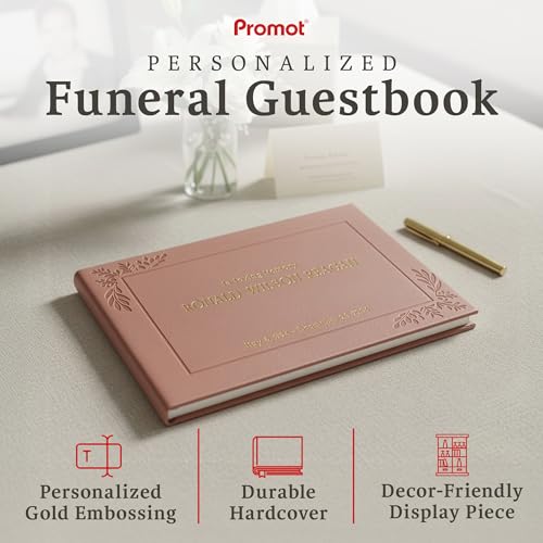Image of Promot Funeral Guest Book for Memorial Service- Guest Book for Funeral Celebration of Life Decorations, In Loving Memory Guestbook Set with Wide-Ruled Pages, Custom Gold Foil Embossed Text (Rose Gold)