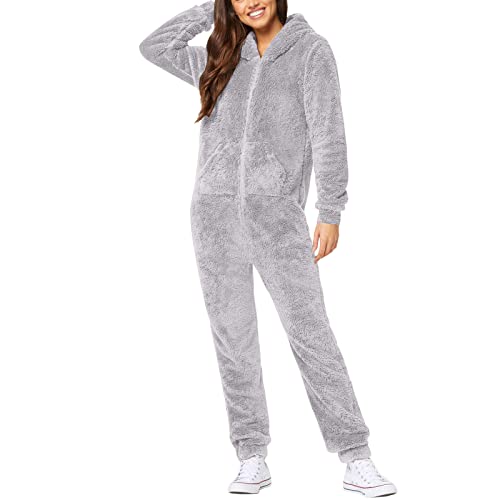 Caxndycing Mono de Forro Polar para Mujer, Una Pieza, Largo, Cómodo Traje de Casa, Pijama de Invierno, Felpa, Gris, L