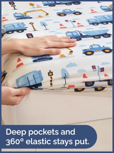 Image of Kids Queen Size Truck Bed Sheets - 4 Piece Kids Truck Sheet Set - Builder Vehicle Bedding - Ultra-Soft, Cute & Cozy - Breathable & Machine Washable - Digger Bed Set for Boys, Girls, Teens & Toddlers