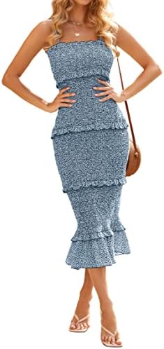 dowerme Women Summer Casual Floral Midi Smocked Bodycon Dresses Spaghetti Strap Square Neck Ruffle Mermaid Prom Dress(Blue,Medium)