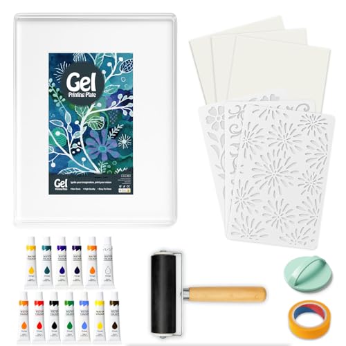 INNOVAYOU 8 * 10inch Gel Printing Kit with Gel Printing Rubber Roller Watercolor Paints Stencils Printing Paper Rollers and Baren Suitable for Card Making Arts and Crafts Scrapbooking Diary