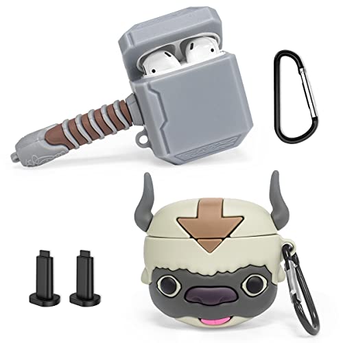 [2 Pack] Airpods 1/2 Case, Cool 3D Cartoon Thunder Hammer Airpods Case, Funny Appa Wild Ox Airpods 2Nd Generation Case Fashion Silicone Protective Case Gift For Boys Teen -Suihuoji #TOP26