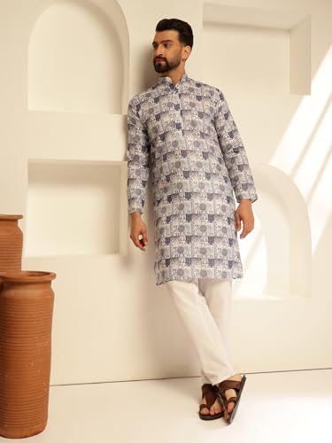 Image of SOJANYA (Since 1958 Men's Cotton Linen Geometric Print Long Kurta