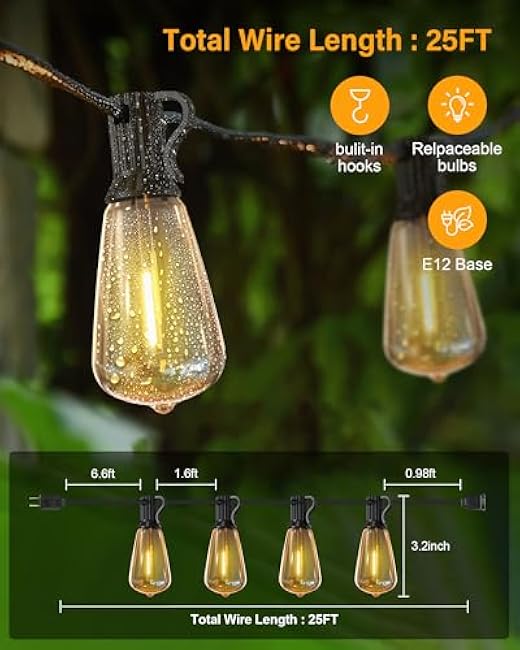 Outdoor String Lights Waterproof, 25 Feet Patio Lights with 13 ST38 Edison Bulbs(1 Sqare), Hanging Lights with Plug in Cord for Porch, Blacony, Backyard, Bistro, Garden, 2700K