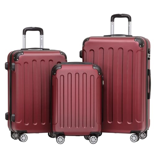 BEIBYE Kofferset 3-teilig – Kabinenkoffer, Reisekoffer und XL-Koffer aus ABS mit Doppelrollen und Zahlenschloss, Weinrot
