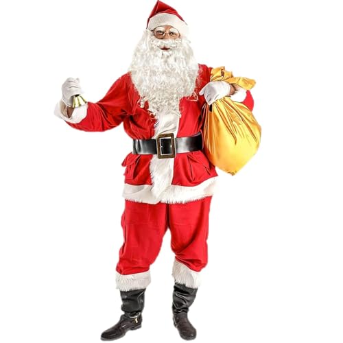 Generisch Disfraz de Papá Noel de 9 piezas para hombre y adulto, con bolsa de sombrero, guantes, peluca, disfraz de Papá Noel, disfraz de Papá Noel, disfraz de Papá Noel, rojo